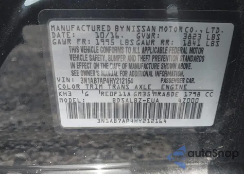 2017 Nissan Sentra S z USA, uszkodzony, nr VIN 3N1AB7AP4HY212164